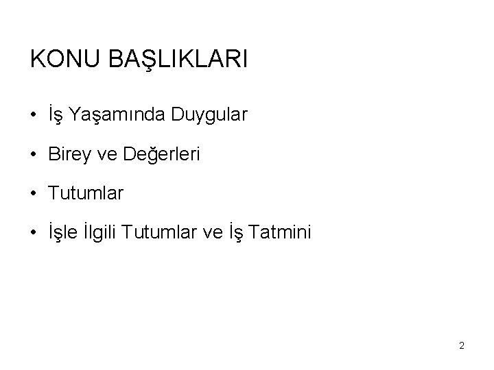 KONU BAŞLIKLARI • İş Yaşamında Duygular • Birey ve Değerleri • Tutumlar • İşle