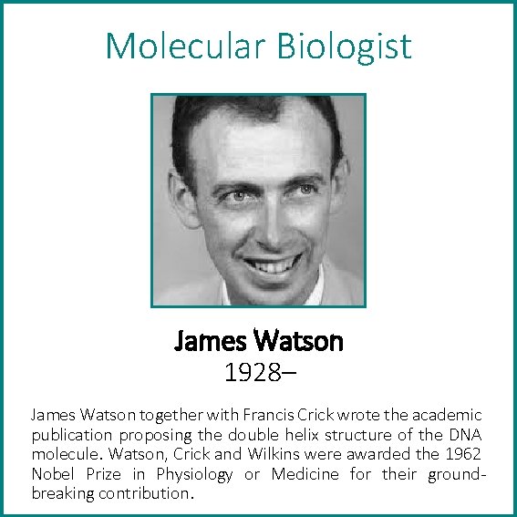 Molecular Biologist James Watson 1928– James Watson together with Francis Crick wrote the academic