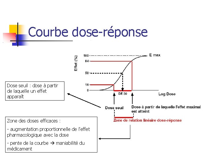 Courbe dose-réponse Dose seuil : dose à partir de laquelle un effet apparaît Zone