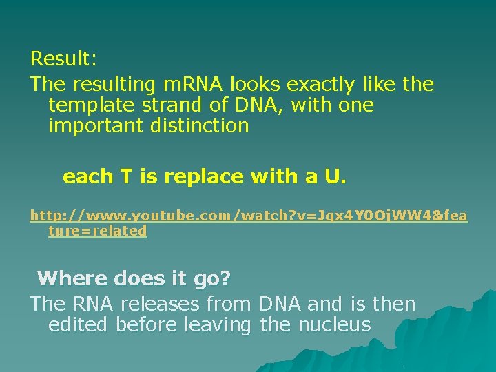 Result: The resulting m. RNA looks exactly like the template strand of DNA, with