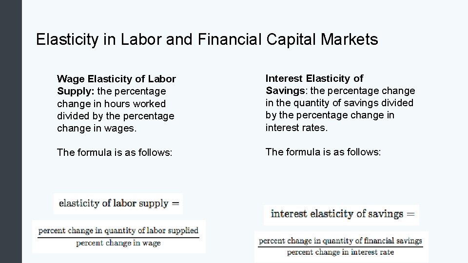 Elasticity in Labor and Financial Capital Markets Wage Elasticity of Labor Supply: the percentage