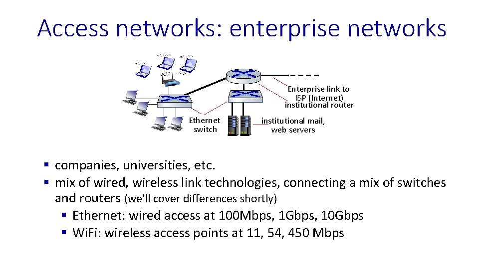 Access networks: enterprise networks Enterprise link to ISP (Internet) institutional router Ethernet switch institutional