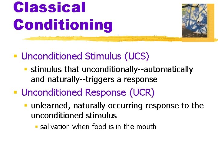 Classical Conditioning § Unconditioned Stimulus (UCS) § stimulus that unconditionally--automatically and naturally--triggers a response