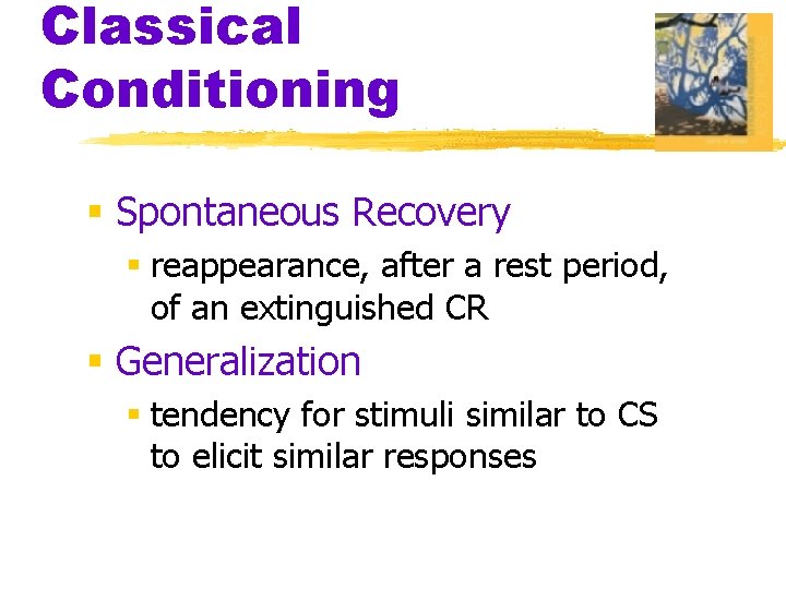 Classical Conditioning § Spontaneous Recovery § reappearance, after a rest period, of an extinguished