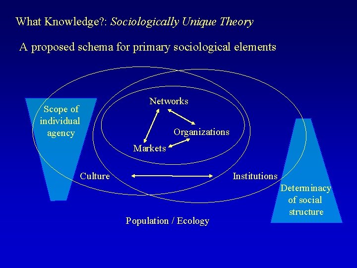 What Knowledge? : Sociologically Unique Theory A proposed schema for primary sociological elements Networks