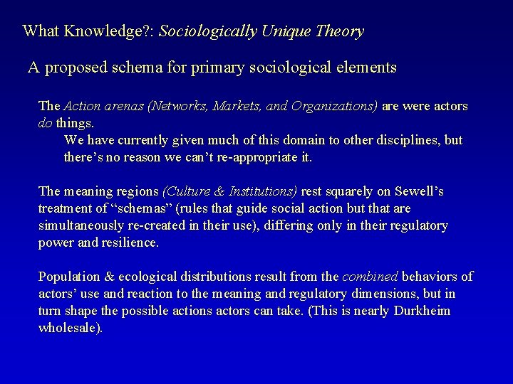 What Knowledge? : Sociologically Unique Theory A proposed schema for primary sociological elements The