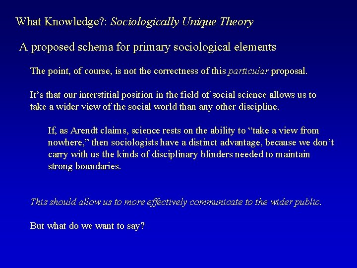 What Knowledge? : Sociologically Unique Theory A proposed schema for primary sociological elements The