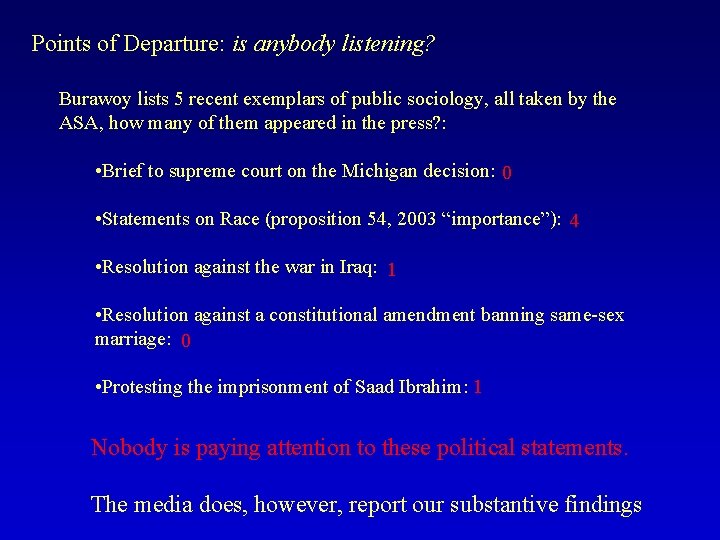 Points of Departure: is anybody listening? Burawoy lists 5 recent exemplars of public sociology,