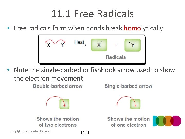 11. 1 Free Radicals • Free radicals form when bonds break homolytically • Note