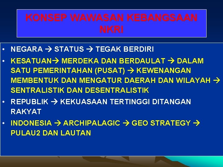 KONSEP WAWASAN KEBANGSAAN NKRI • NEGARA STATUS TEGAK BERDIRI • KESATUAN MERDEKA DAN BERDAULAT