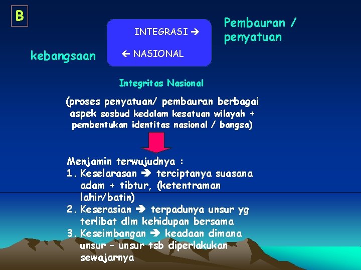 B INTEGRASI kebangsaan Pembauran / penyatuan NASIONAL Integritas Nasional (proses penyatuan/ pembauran berbagai aspek