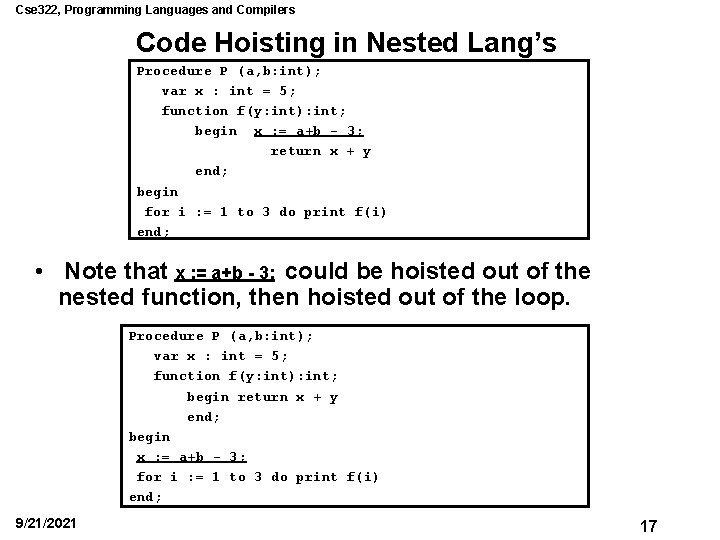 Cse 322, Programming Languages and Compilers Code Hoisting in Nested Lang’s Procedure P (a,