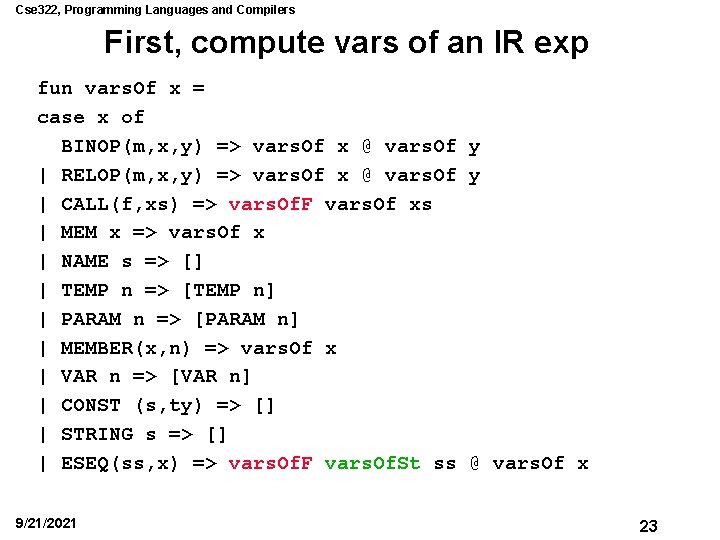 Cse 322, Programming Languages and Compilers First, compute vars of an IR exp fun