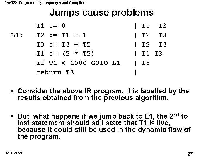 Cse 322, Programming Languages and Compilers Jumps cause problems L 1: T 1 :