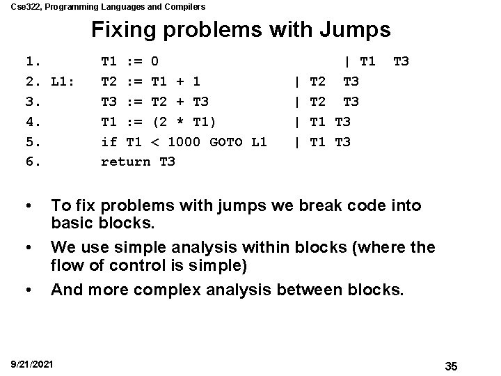 Cse 322, Programming Languages and Compilers Fixing problems with Jumps 1. 2. L 1: