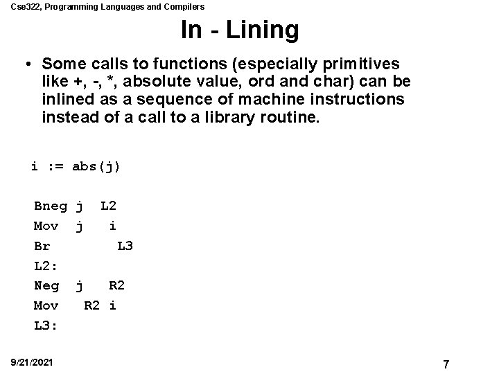 Cse 322, Programming Languages and Compilers In - Lining • Some calls to functions