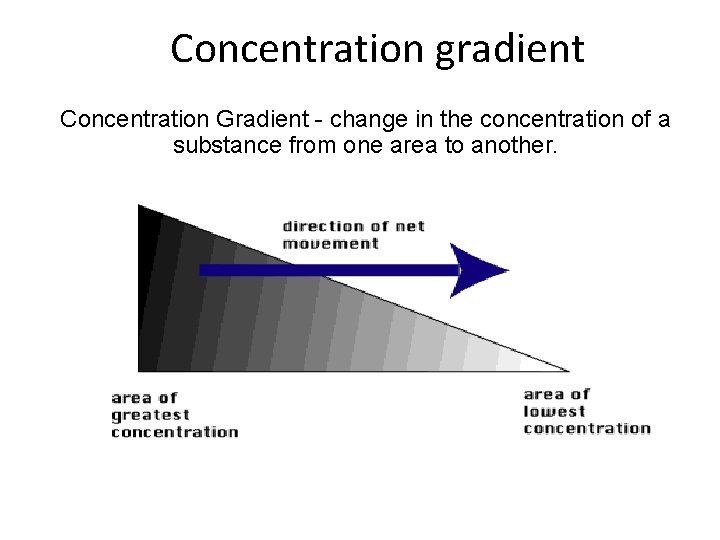 Concentration gradient Concentration Gradient - change in the concentration of a substance from one