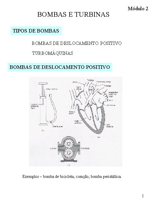 BOMBAS E TURBINAS Módulo 2 TIPOS DE BOMBAS DE DESLOCAMENTO POSITIVO TURBOMÁQUINAS BOMBAS DE