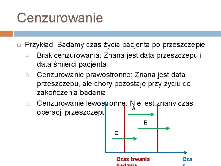 Cenzurowanie Przykład: Badamy czas życia pacjenta po przeszczepie A. Brak cenzurowania: Znana jest data