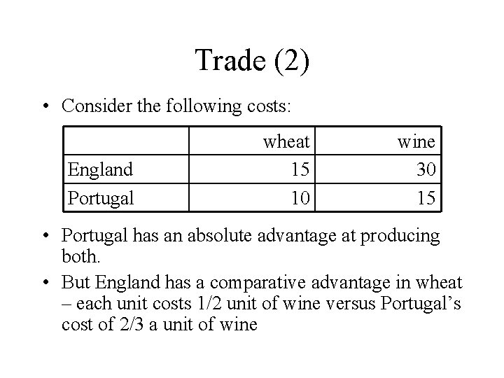 Trade (2) • Consider the following costs: England Portugal wheat 15 10 wine 30