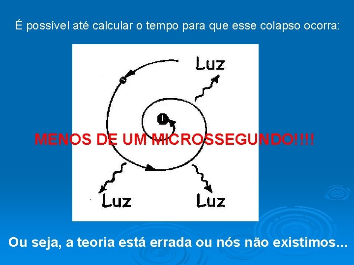 É possível até calcular o tempo para que esse colapso ocorra: elétron núcleo MENOS