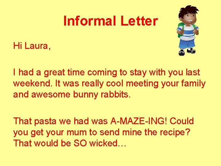 Informal Letter Hi Laura, I had a great time coming to stay with you