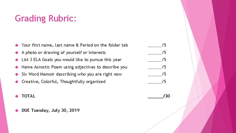 Grading Rubric: Your first name, last name & Period on the folder tab ______/5