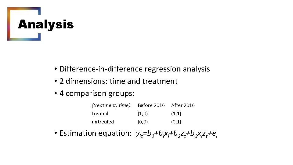 Analysis • Difference-in-difference regression analysis • 2 dimensions: time and treatment • 4 comparison