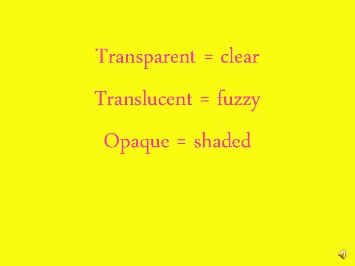 Transparent = clear Translucent = fuzzy Opaque = shaded 