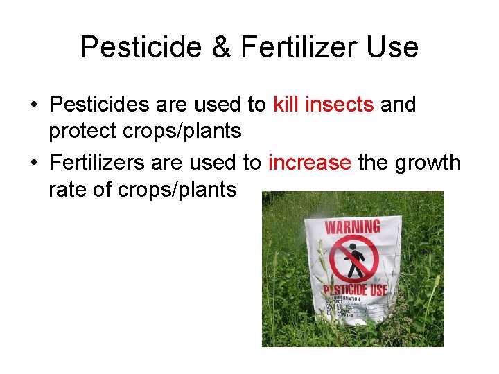 Pesticide & Fertilizer Use • Pesticides are used to kill insects and protect crops/plants