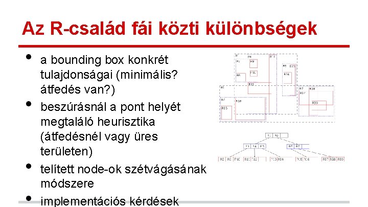 Az R-család fái közti különbségek • • a bounding box konkrét tulajdonságai (minimális? átfedés Az R-család fái közti különbségek • • a bounding box konkrét tulajdonságai (minimális? átfedés
