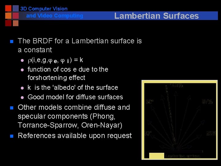 3 D Computer Vision and Video Computing n The BRDF for a Lambertian surface