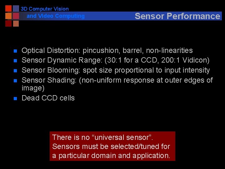 3 D Computer Vision and Video Computing n n n Sensor Performance Optical Distortion: