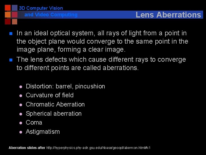 3 D Computer Vision and Video Computing n n Lens Aberrations In an ideal