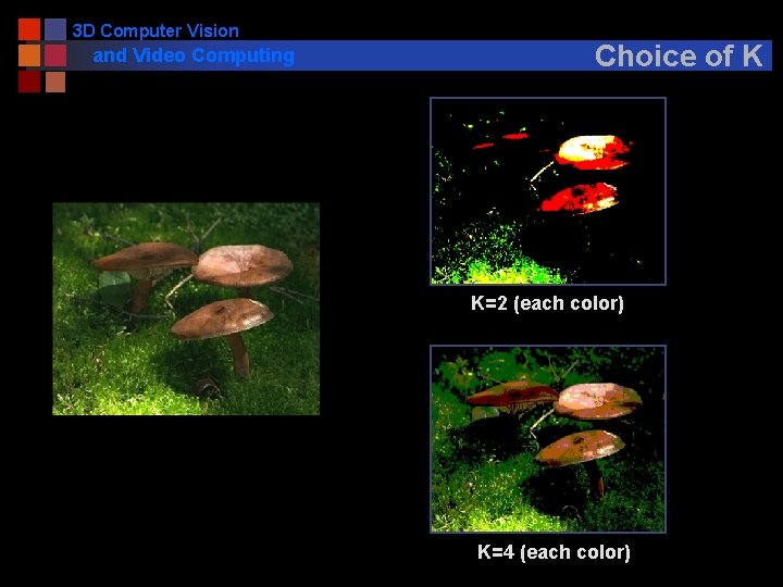 3 D Computer Vision and Video Computing Choice of K K=2 (each color) K=4