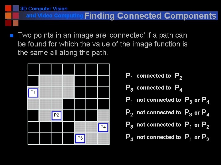 3 D Computer Vision and Video Computing Finding n Connected Components Two points in