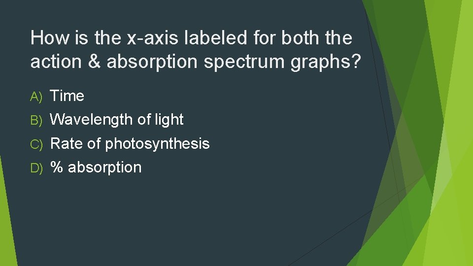 How is the x-axis labeled for both the action & absorption spectrum graphs? A)