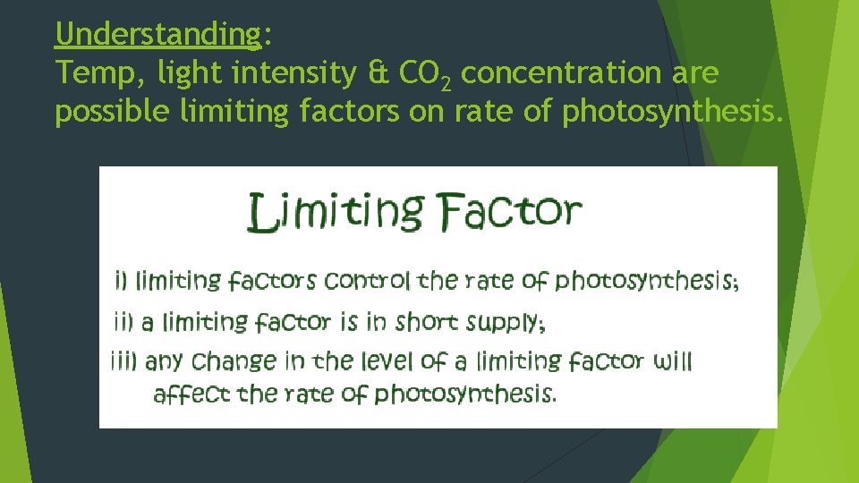 Understanding: Temp, light intensity & CO 2 concentration are possible limiting factors on rate