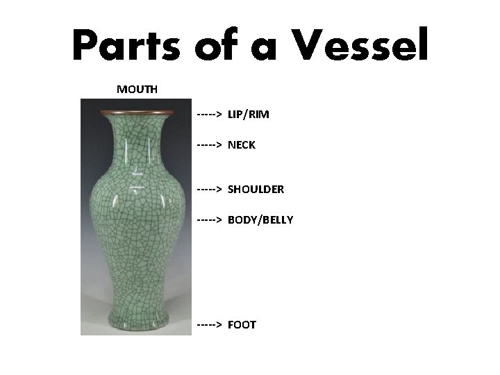 Parts of a Vessel MOUTH -----> LIP/RIM -----> NECK -----> SHOULDER -----> BODY/BELLY ----->
