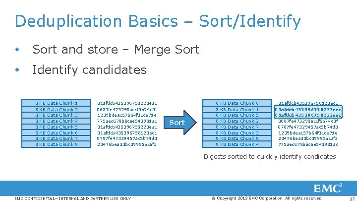 Deduplication Basics – Sort/Identify Sort and store – Merge Sort Identify candidates 8 8