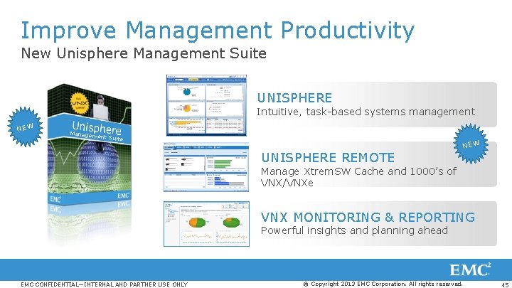 Improve Management Productivity New Unisphere Management Suite UNISPHERE Intuitive, task-based systems management NEW Managem