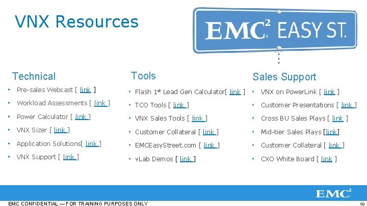 VNX Resources Technical Tools Sales Support Pre-sales Webcast [ link ] Flash 1 st