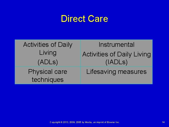 Direct Care Activities of Daily Living (ADLs) Physical care techniques Instrumental Activities of Daily