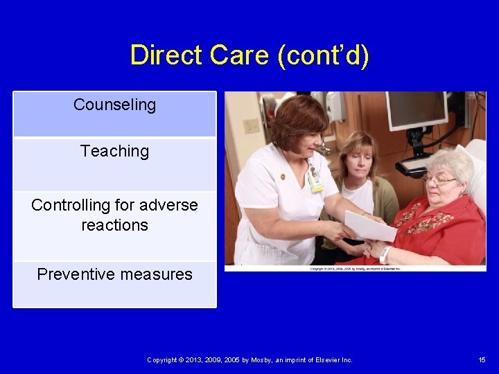 Direct Care (cont’d) Counseling Teaching Controlling for adverse reactions Preventive measures Copyright © 2013,