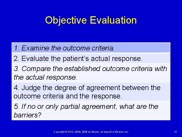 Objective Evaluation 1. Examine the outcome criteria. 2. Evaluate the patient’s actual response. 3.