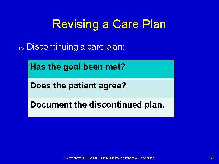 Revising a Care Plan Discontinuing a care plan: Has the goal been met? Does