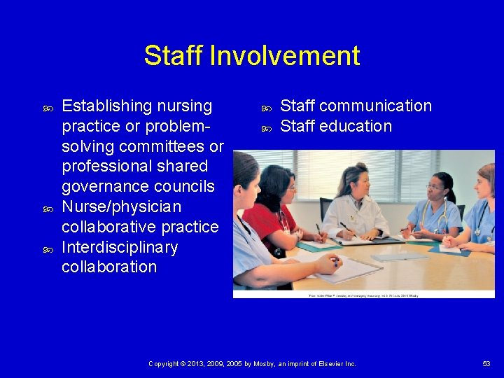 Staff Involvement Establishing nursing practice or problemsolving committees or professional shared governance councils Nurse/physician