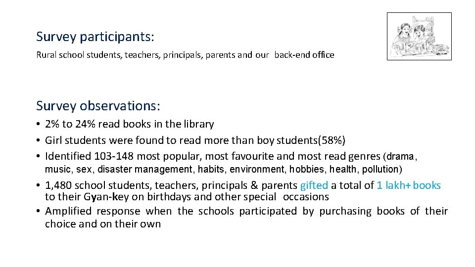 Survey participants: Rural school students, teachers, principals, parents and our back-end office Survey observations: