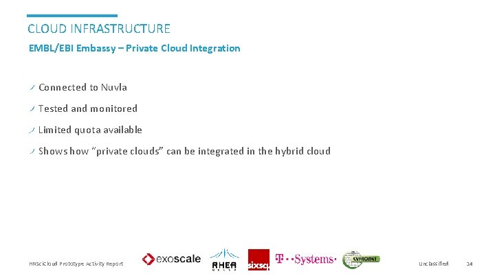 CLOUD INFRASTRUCTURE EMBL/EBI Embassy – Private Cloud Integration Connected to Nuvla Tested and monitored