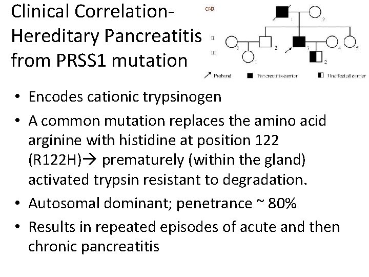 Clinical Correlation. Hereditary Pancreatitis from PRSS 1 mutation • Encodes cationic trypsinogen • A